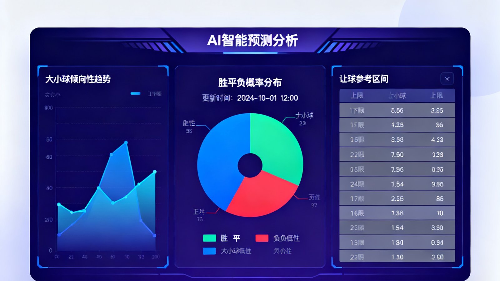 AI智能预测分析界面，展示胜平负概率分布饼图、大小球倾向性趋势线和让球参考区间数据